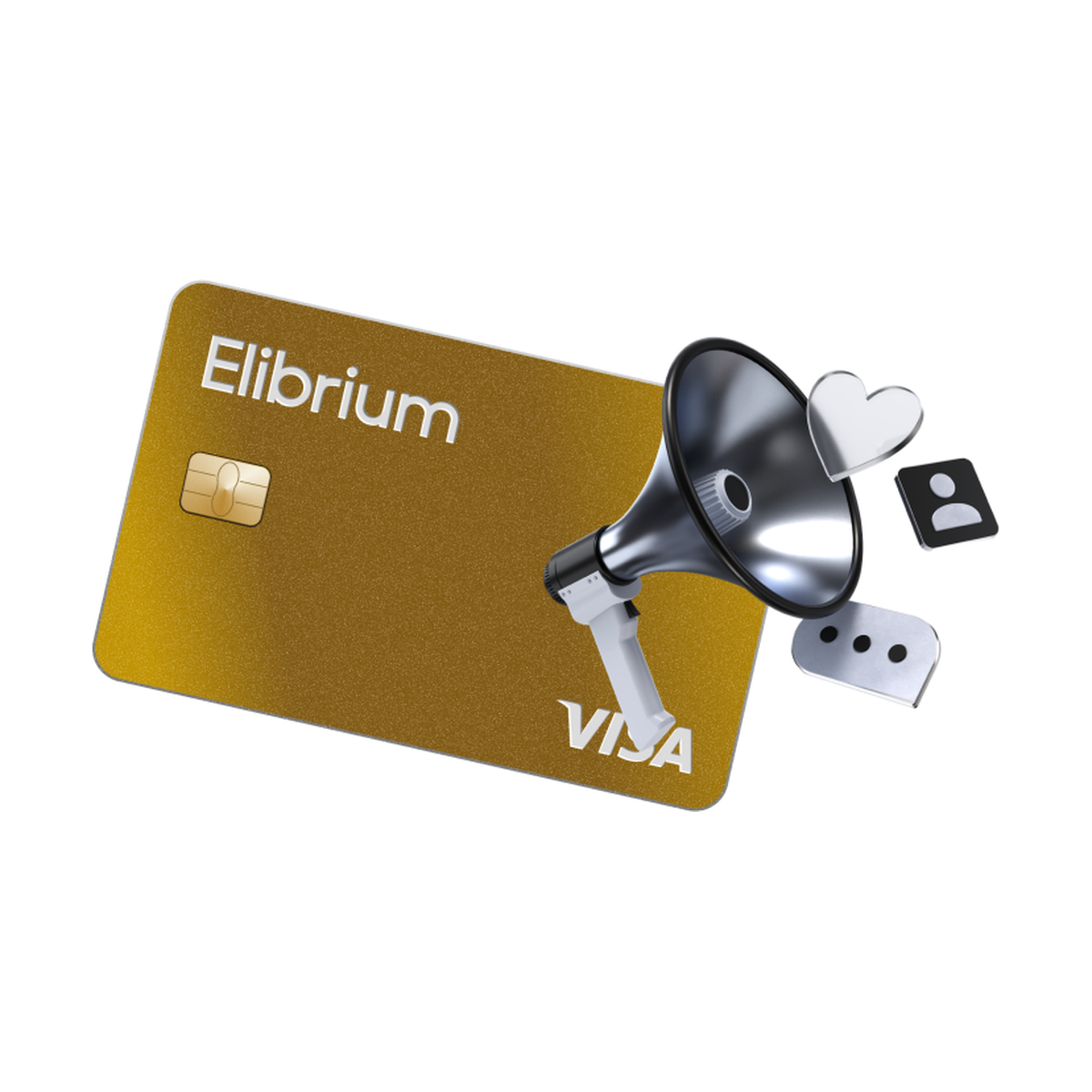 Gold Elibrium Visa card with a dartboard and megaphone, one virtual card per affiliate offer