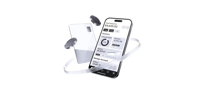 Phone with a dashboard and cards, tracking construction purchases in real time