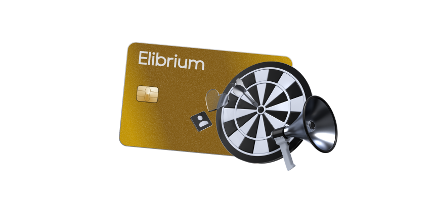 Gold Elibrium card with a dartboard and megaphone, targeting traffic sources with virtual cards