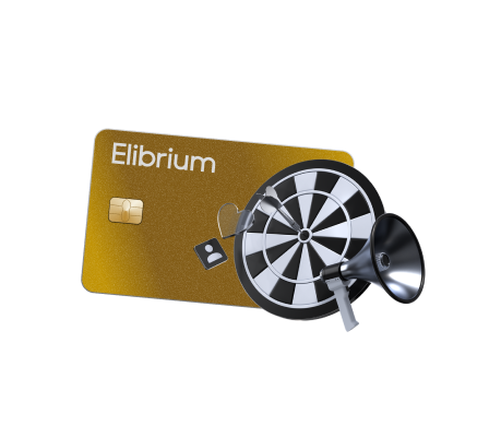 Gold Elibrium card with a dartboard and megaphone, targeting traffic sources with virtual cards