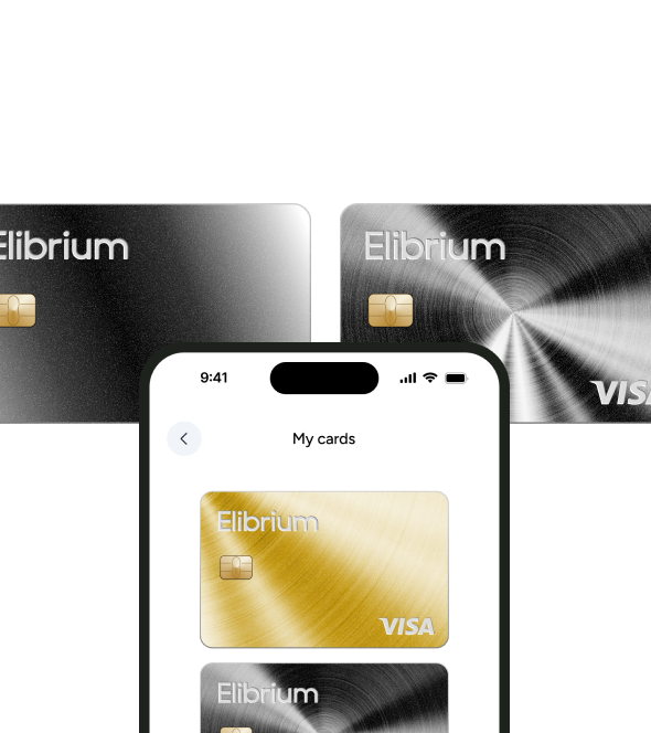 Gold Elibrium cards and a phone showing the My cards screen with dedicated cards per ad account
