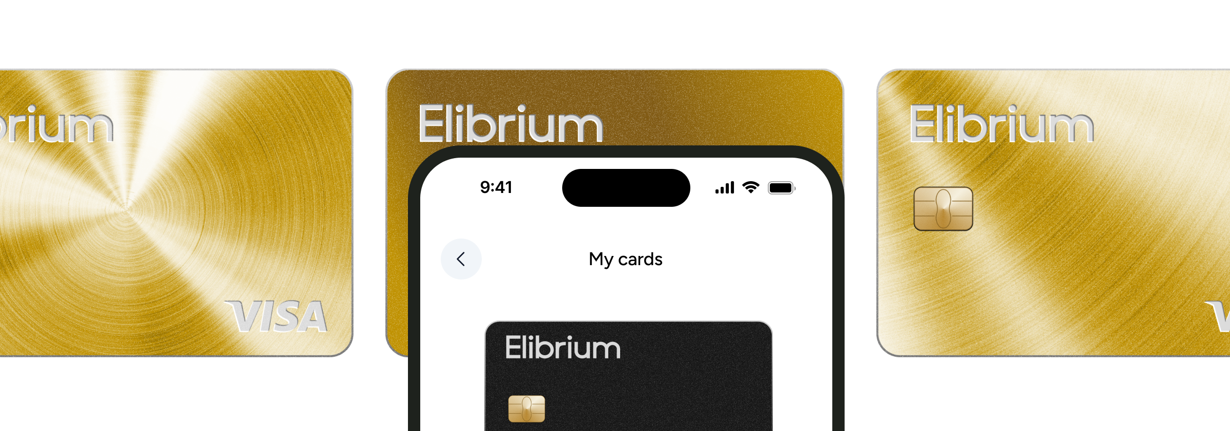 Gold Elibrium cards and a phone showing the My cards screen with dedicated cards per ad account