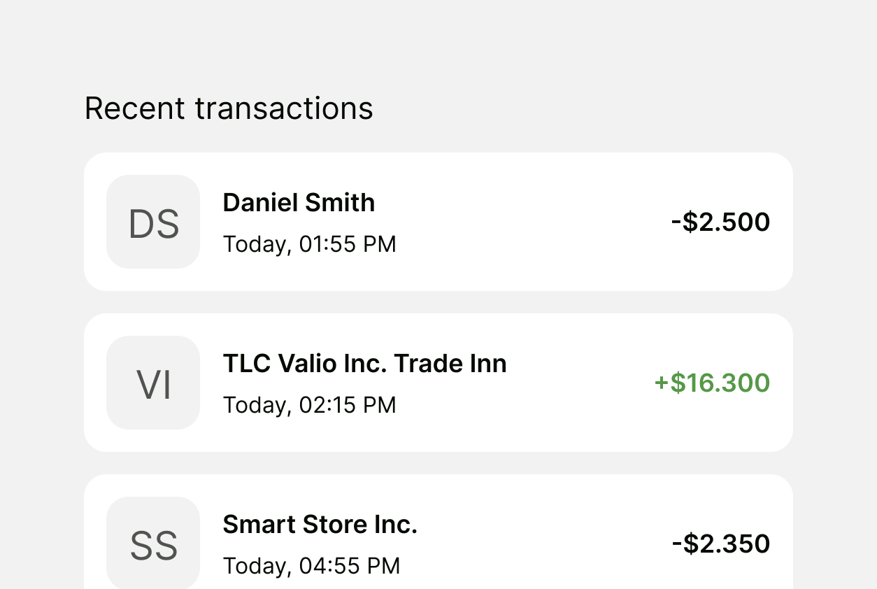 Elibrium transactions list showing card payments as they post in real time