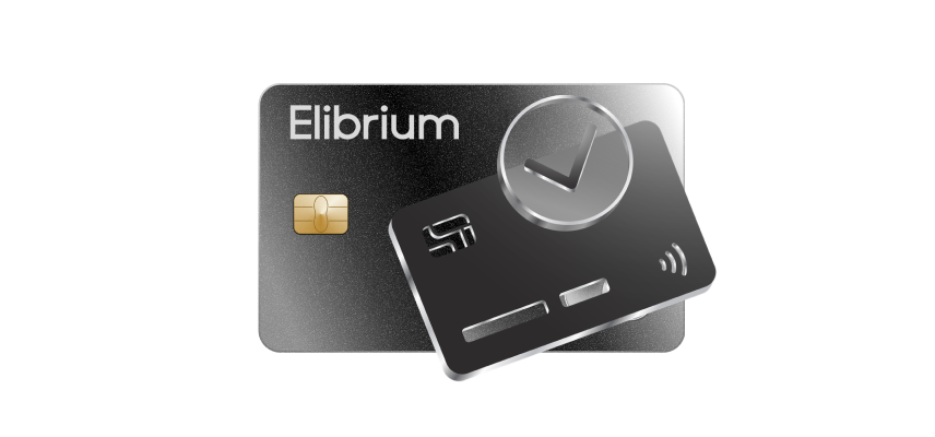 Black Elibrium card with a clock icon, illustrating real-time payment tracking