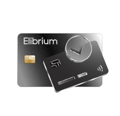 Black Elibrium card with a clock icon, illustrating real-time payment tracking