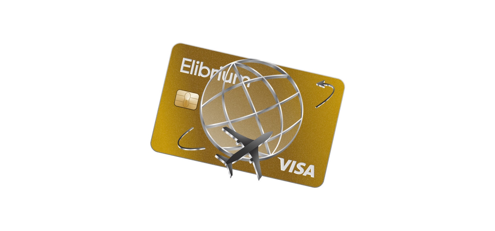Gold Elibrium card with a globe and plane, representing a card per trip