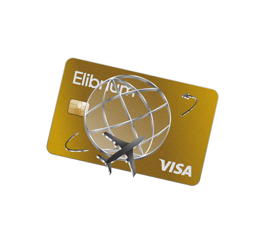 Gold Elibrium card with a globe and plane, representing a card per trip